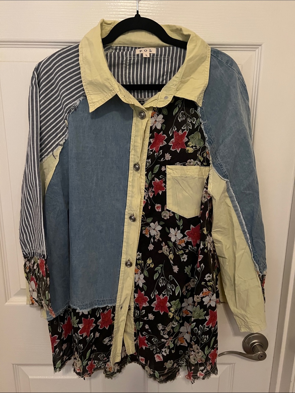 POL Patchwork Floral & Denim Mix Button-Down Shirt - Yellow/Blue/Black/Red